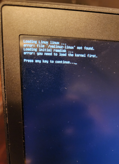 oh you know, the usual. Loading Linux linux error: file '/boot/vmlinuz-linux' not found. Loading inital ramdisk ... error: you need to load the kernel first. Press any key to continue...
